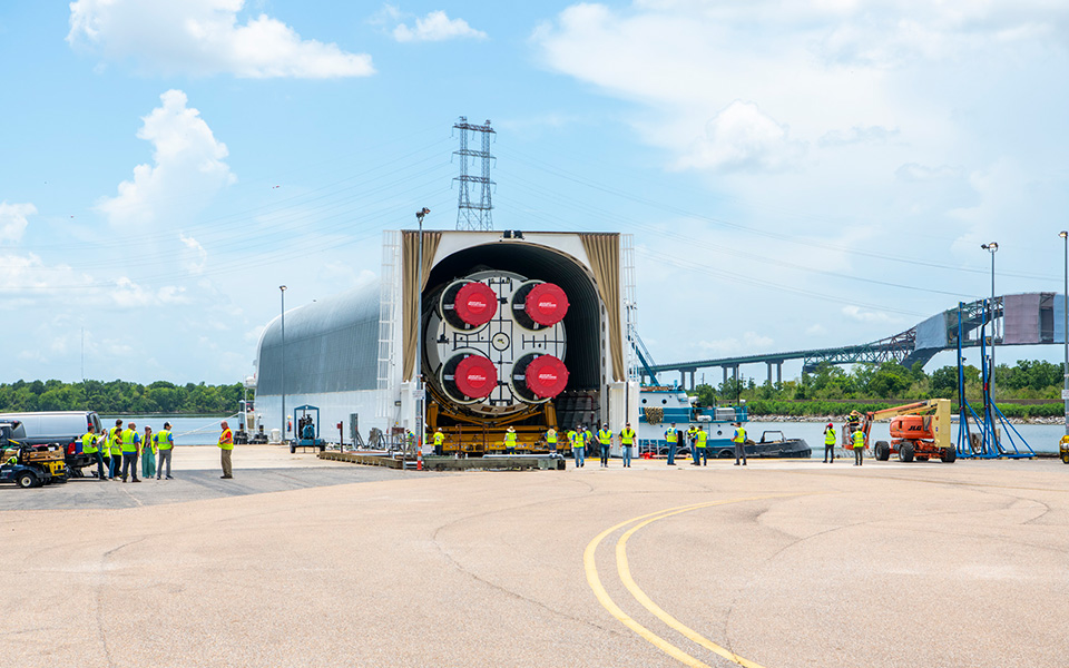 The Boeing-built core stage for Artemis II mission makes its way to the NASA's Pegasus barge for transport to Kennedy Space Center. (Boeing/Liz Morrell photo)